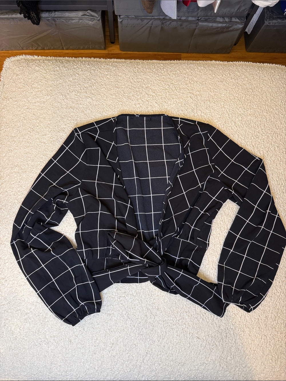 Black Windowpane Tie-Front Blouse - Women's Top